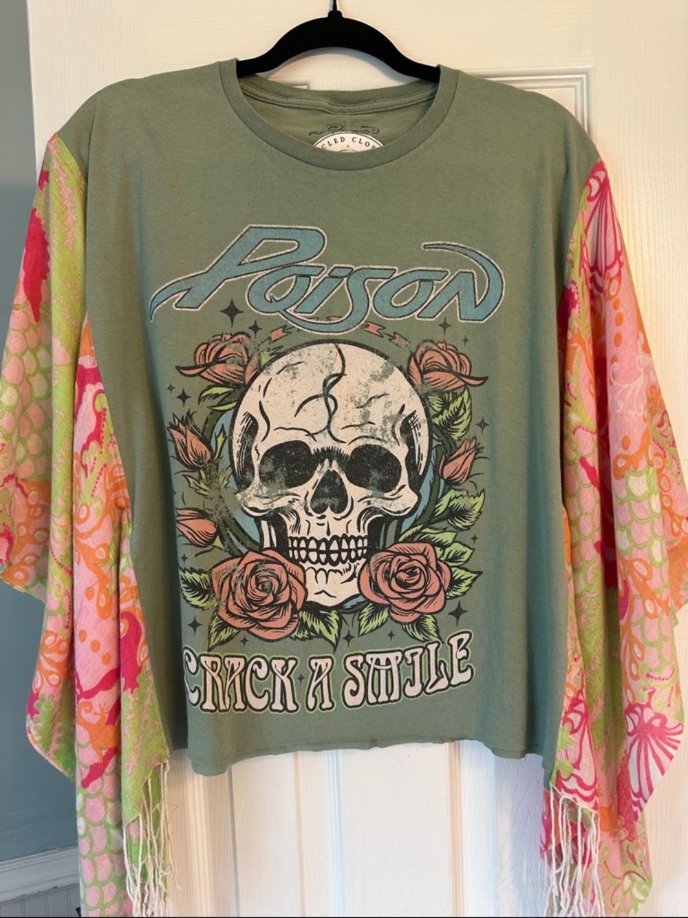 Custom Poison Skull Graphic Tee with Boho Fringe Sleeves